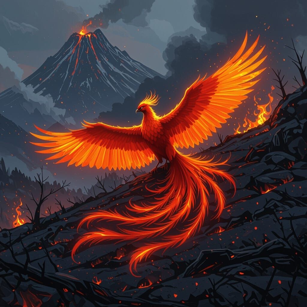 Fiery Phoenix Over Charred Landscape