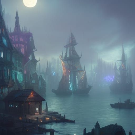Moon Elf Port City Harbor in Dark Fantasy Style
