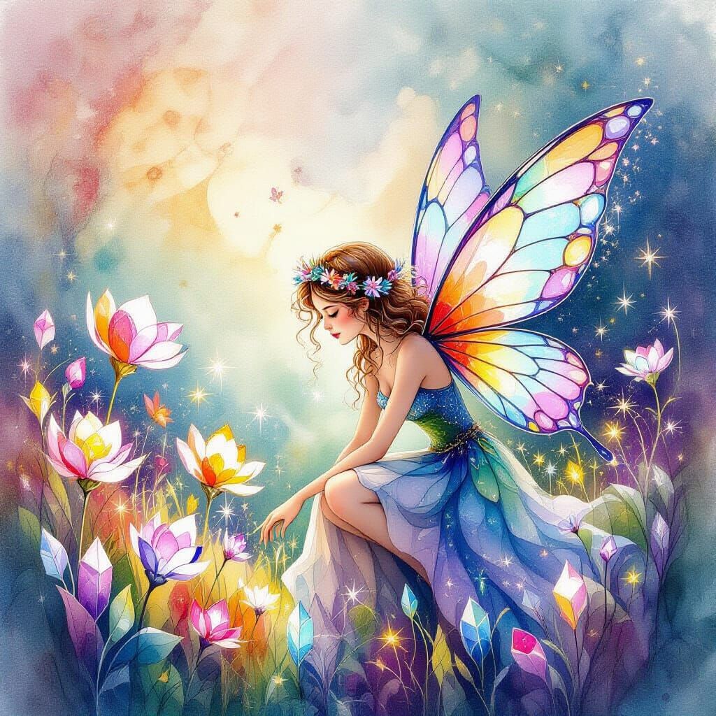 Enchanting Fairy in Crystal Garden, Watercolor Style
