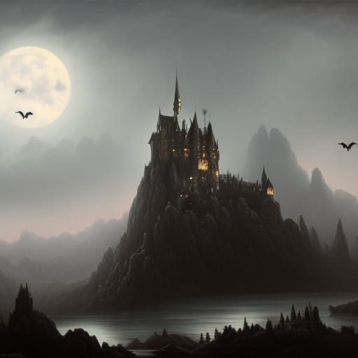 Gothic Castle Peak in Moonlight: Doré-Inspired Horror