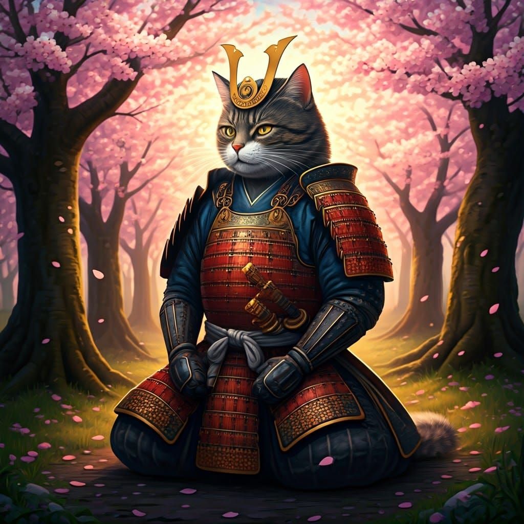 Cat Samurai in Cherry Blossom Orchard with Anime Style