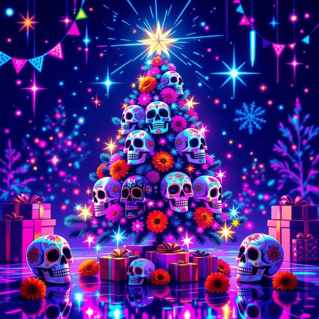 Vibrant Day of the Dead Christmas Tree in Synthwave Style