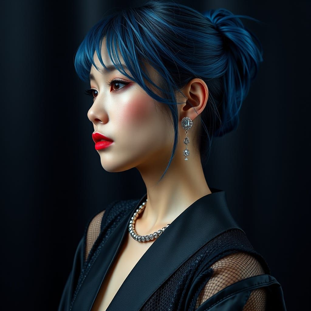 Sad Japanese Girl Portrait with Ultramarine Hair