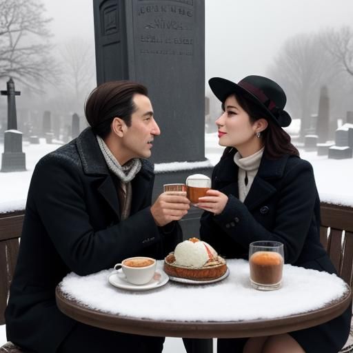 French Couple at Cafe in Winter, Cemetery Backdrop