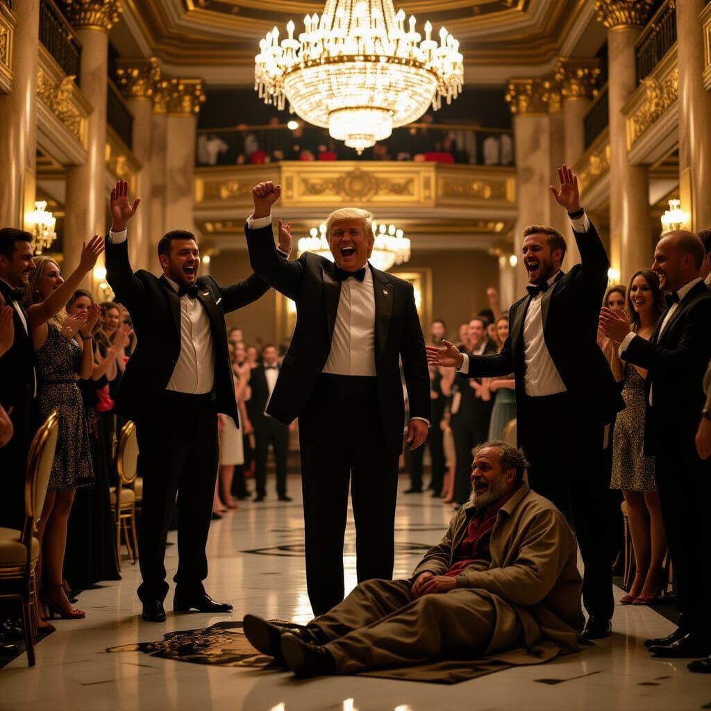 Lavish Celebration vs. Homelessness Cinematic Film Still