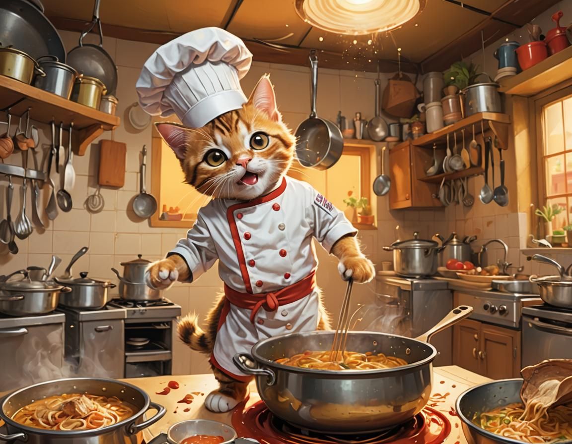 Kitten Chef Cooking Haitian Meal: Cartoon Illustration