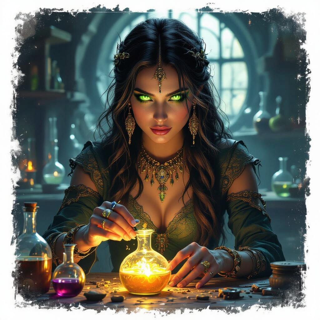 Mythical Vishkanya Woman Brewing Potions in Dark Fantasy Sty...