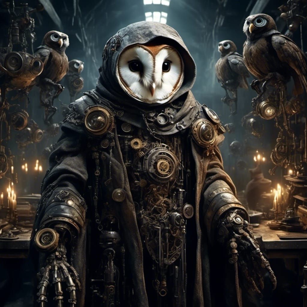 Steampunk Cyborg Barn Owl in Gothic Sci-Fi Control Room