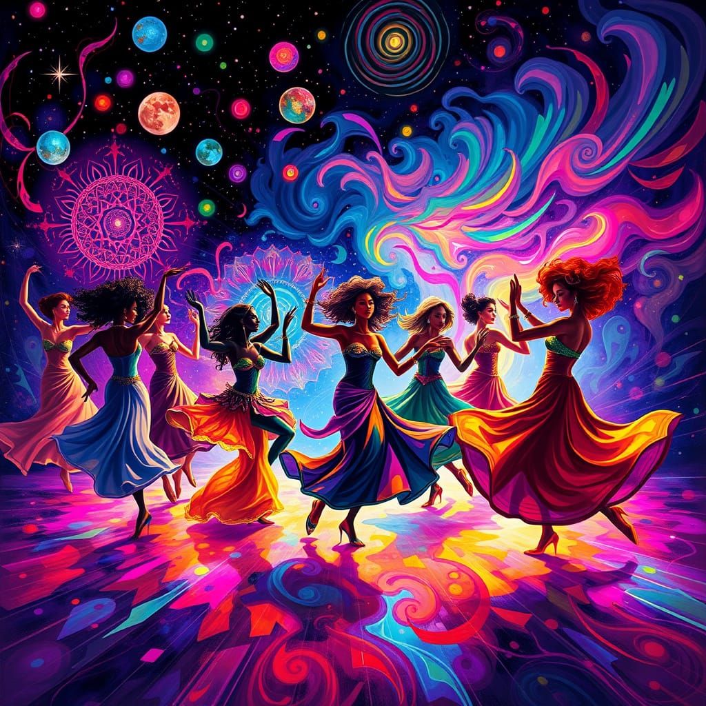Cosmic Dance Odyssey in Vibrant, Swirling Colors