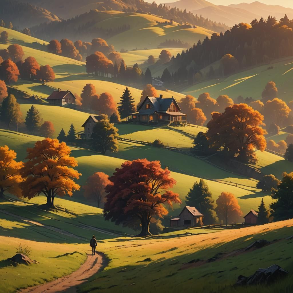 Farmhouse on Hill in Golden Light, Digital Matte Painting