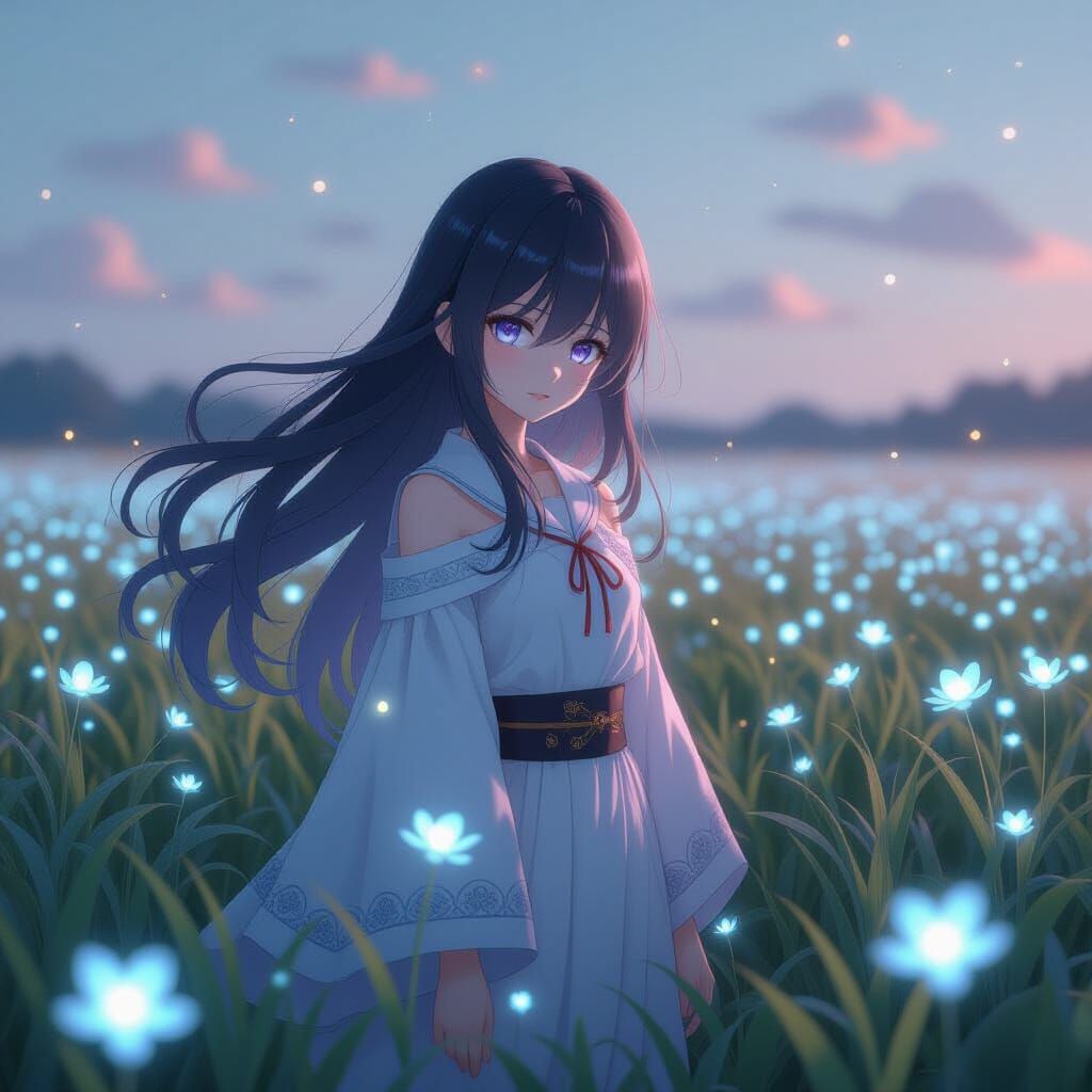 Anime Girl in Bioluminescent Field, Studio Trigger Style