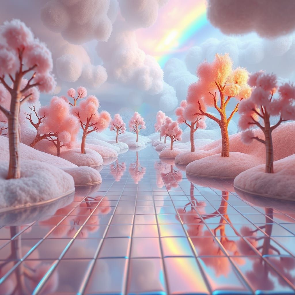 Dreamy Iridescent Landscape with Fractal Reflections