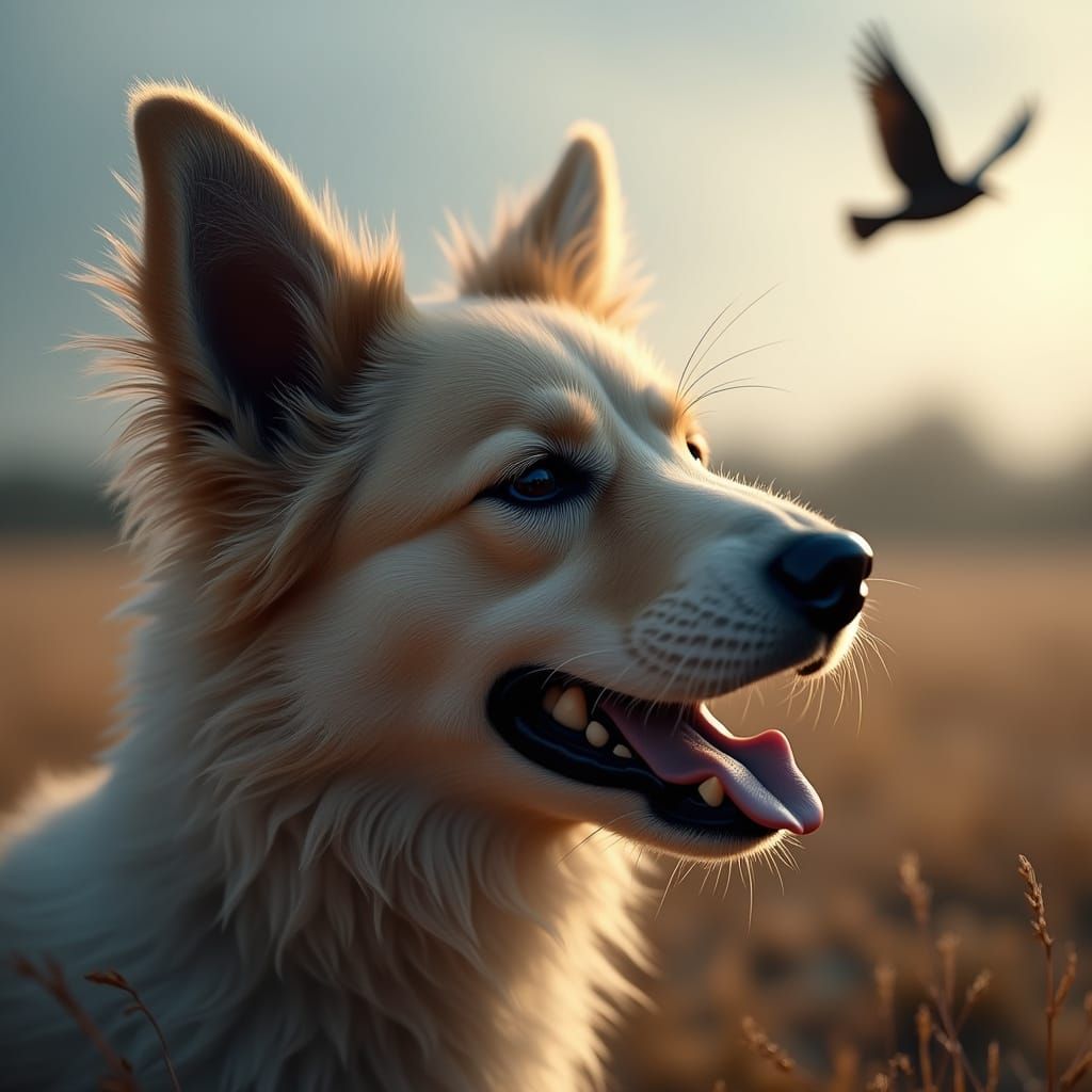 Dog Growling Softly with Wind-blown Fur and Bird Silhouette