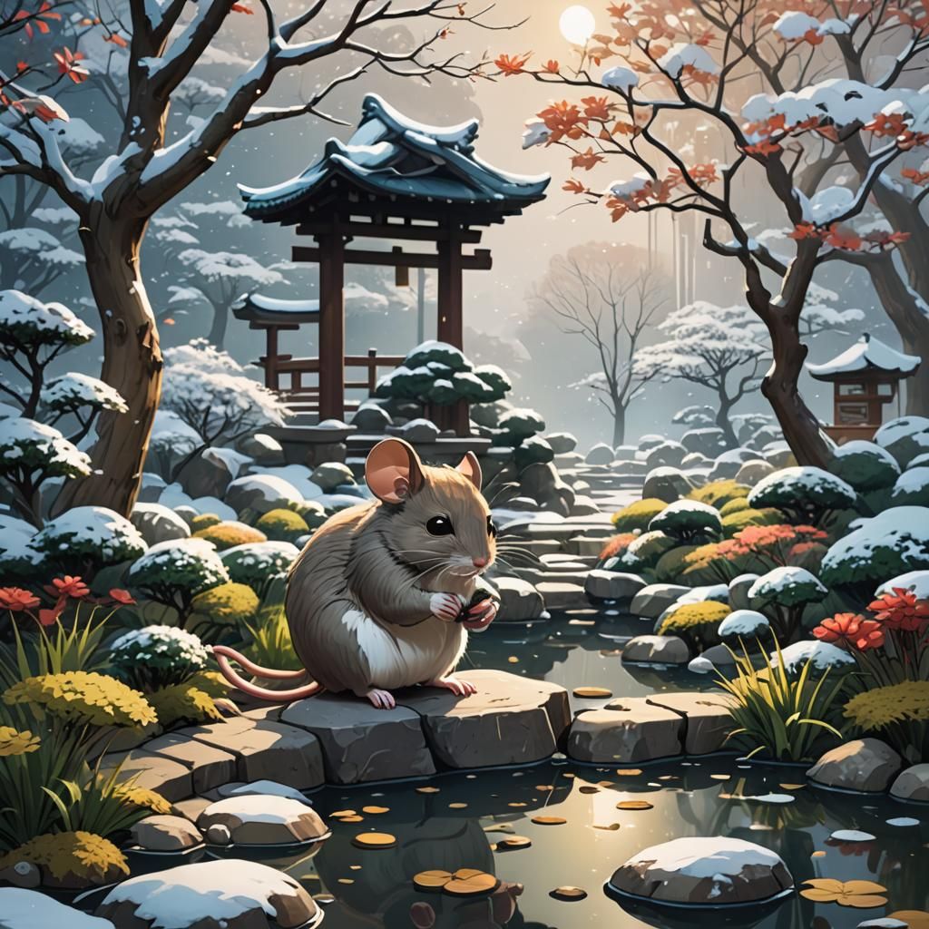 Winter Mouse in Japanese Garden: Manga Anime Style