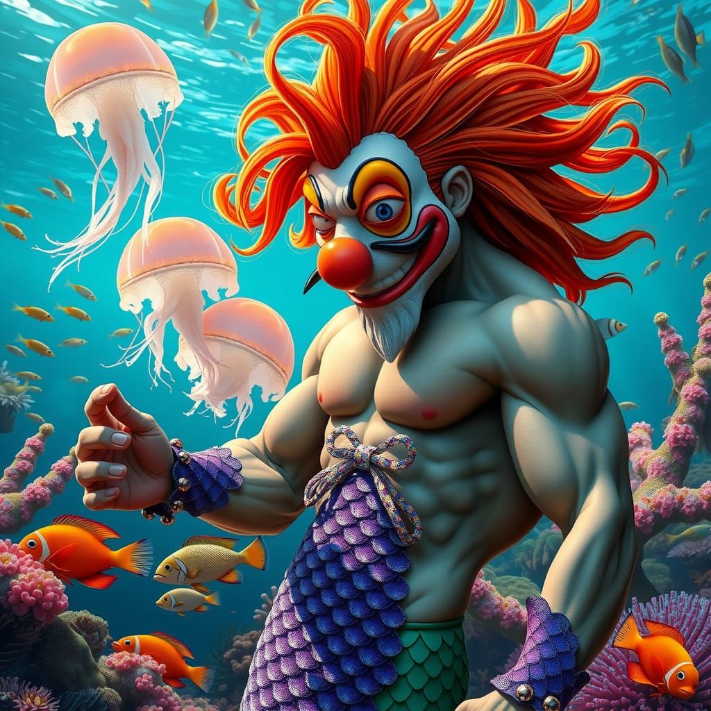 Hyperrealistic Merman Juggles Jellyfish in Vibrant Underwate...