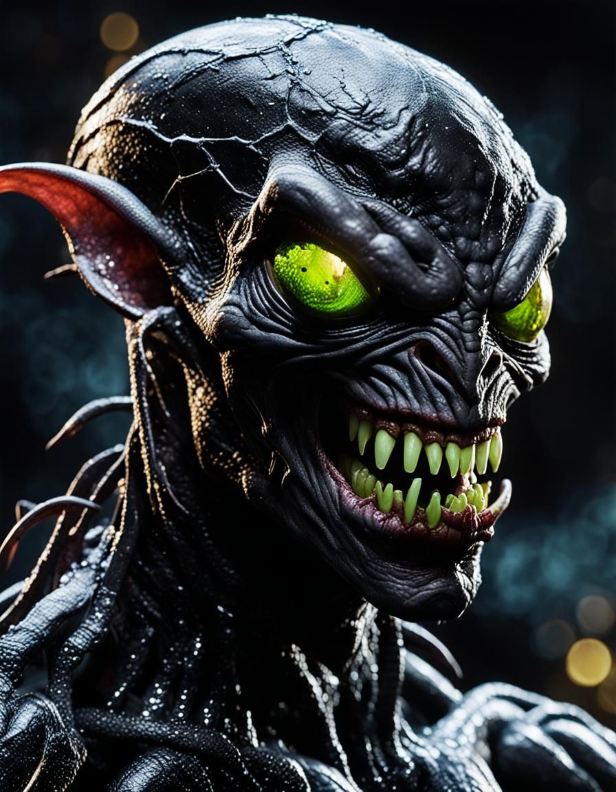 Glowing Goblin Venom Hybrid in Sinister Kitchen, Hyperdetail...