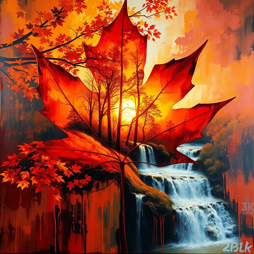 Autumn Maple Leaf Silhouette with Waterfall in Melting Impas...