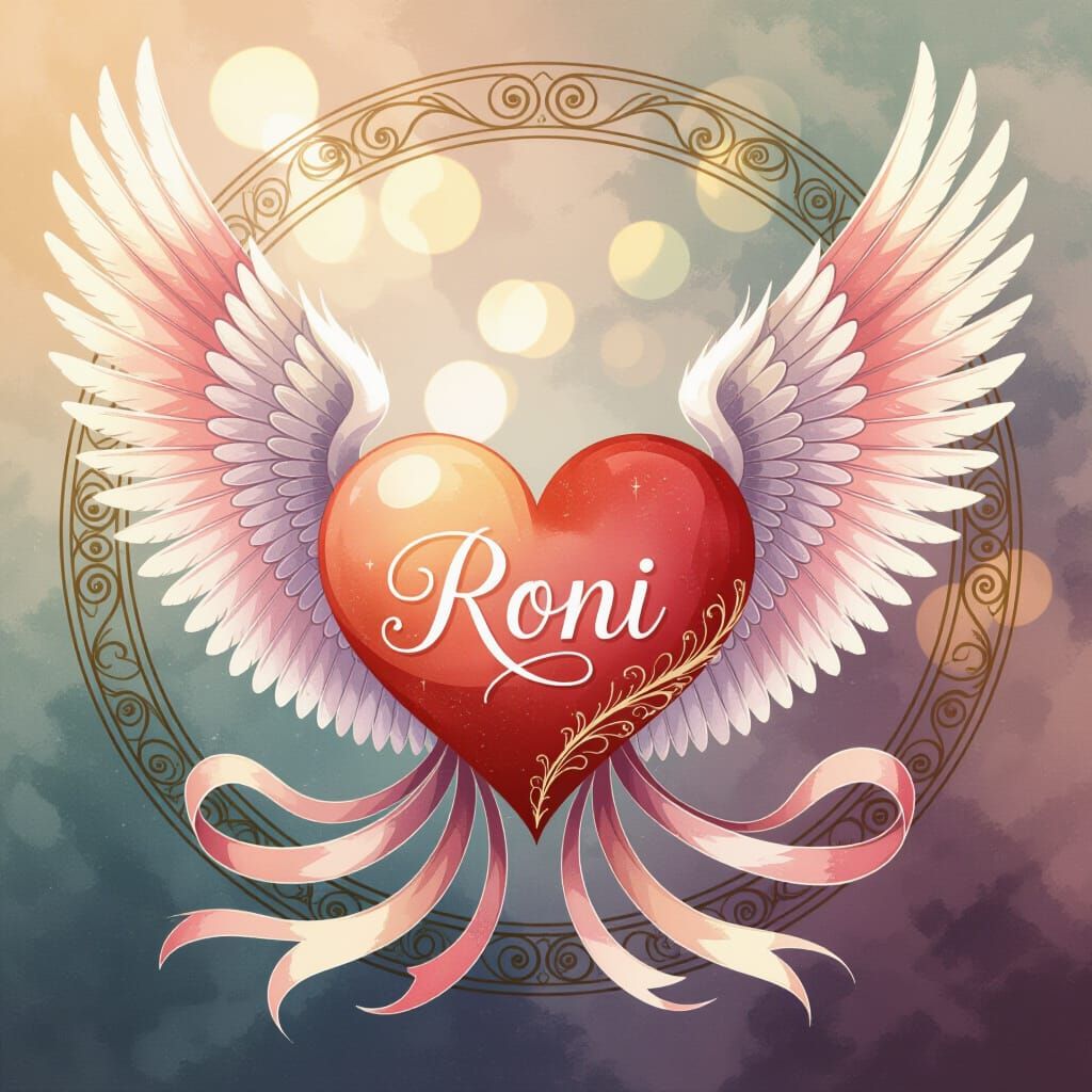 Ethereal Heart with Angel Wings and Name Roni