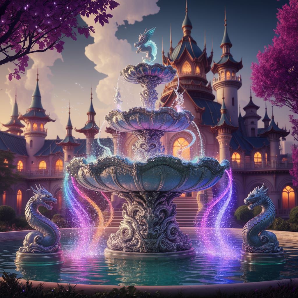 A magnificent fantasy fountain made of gleaming crystal and silvery stone