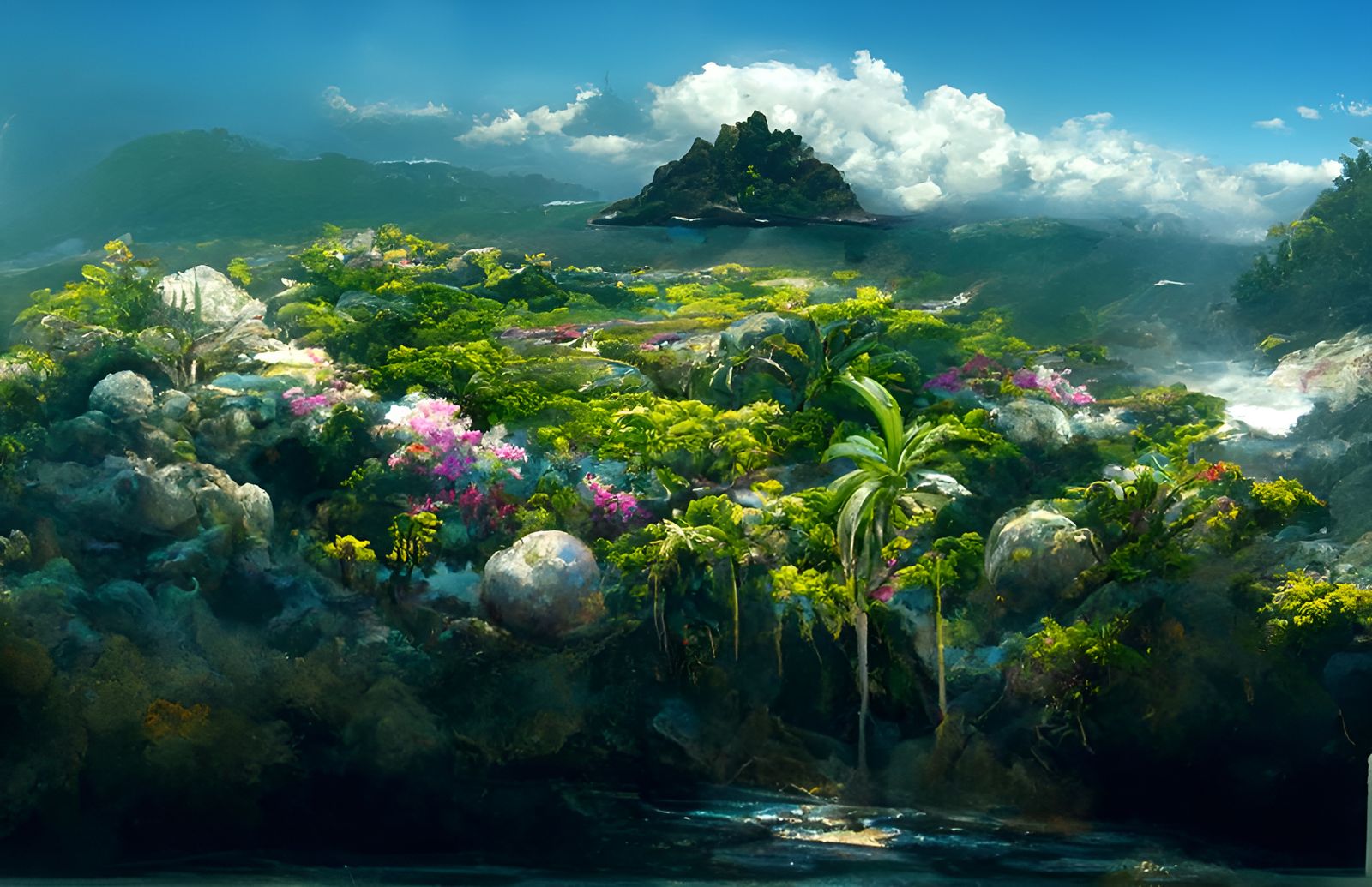 Tropical Island Landscape Painting in Silver and Gold