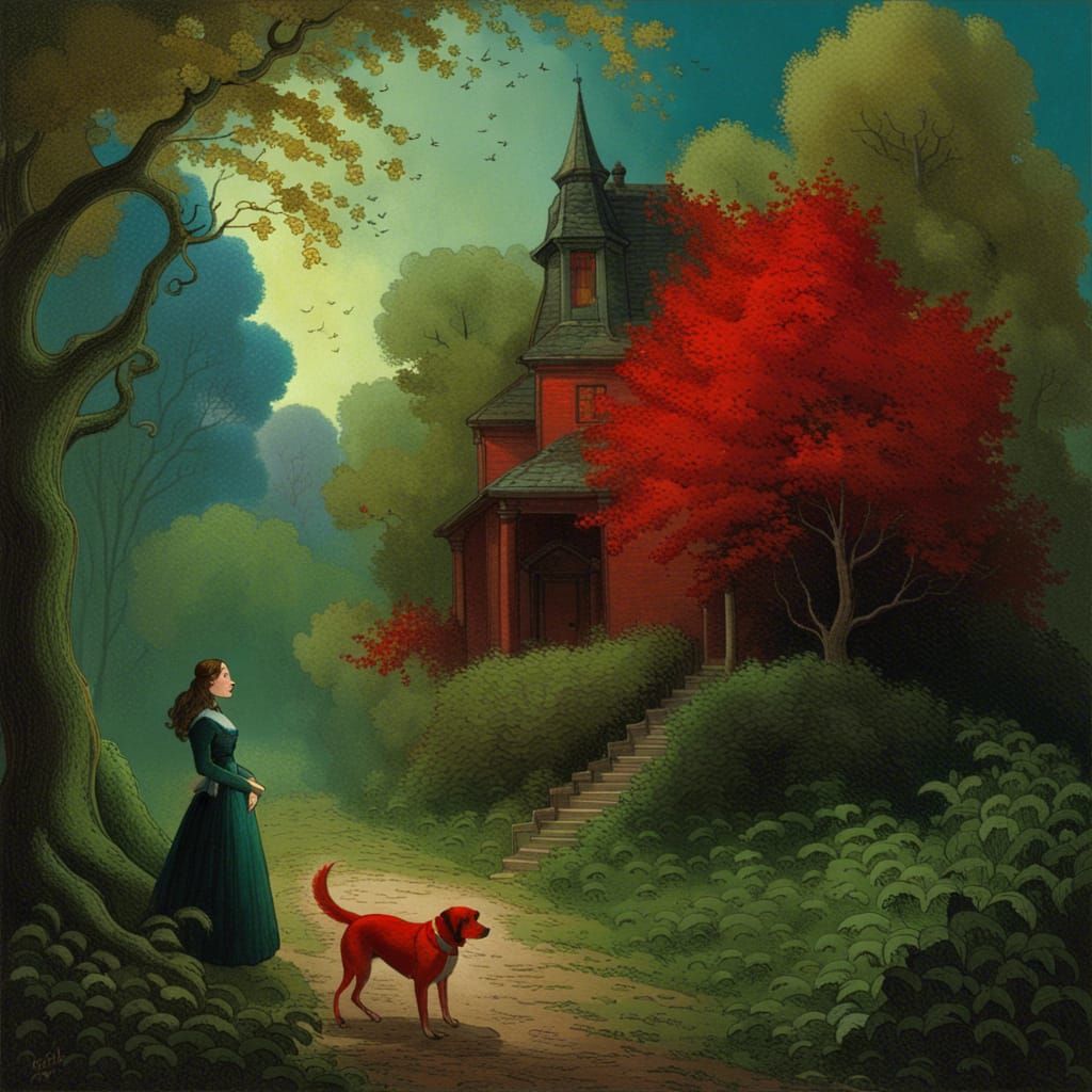 Gothic Forest Scene with Woman, Dog and Red House
