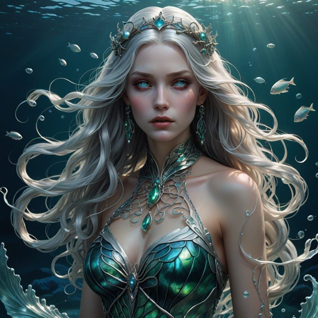 An ultra-realistic, full-body static portrayal of a siren woman, exuding a hypnotic allure with a shimmering, aquatic pa...