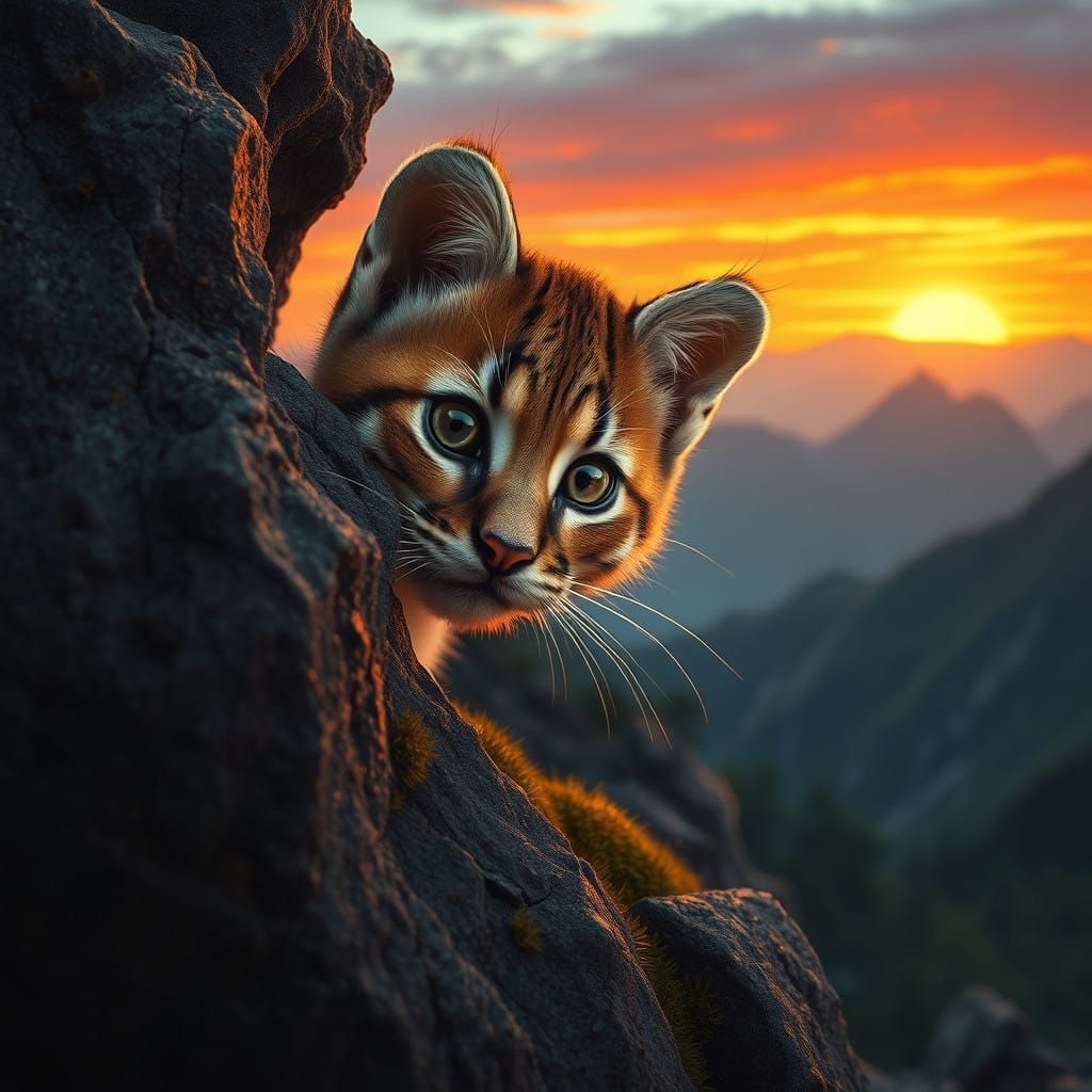 Curious Cougar Kitten Emerge into Sunset