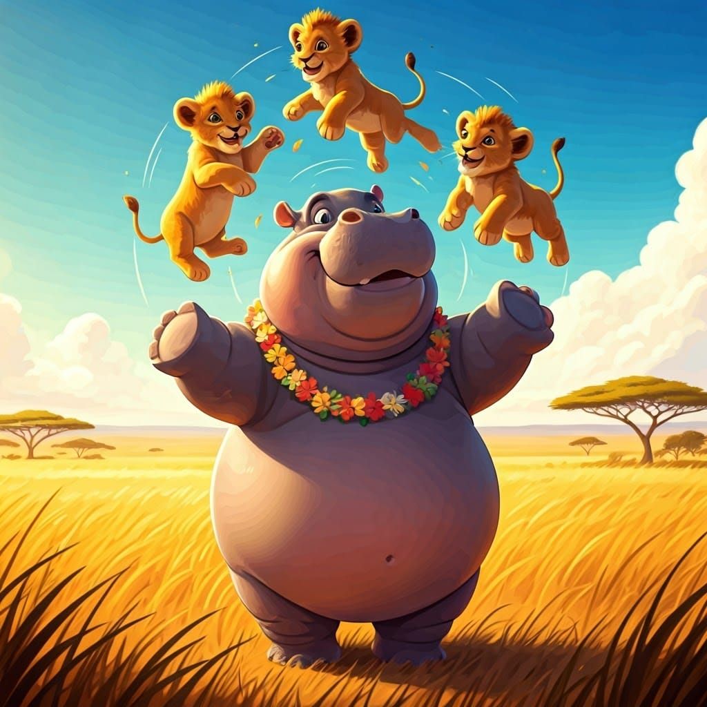 Cherubic Hippo Juggles Lion Cubs in Vibrant Savanna Scene