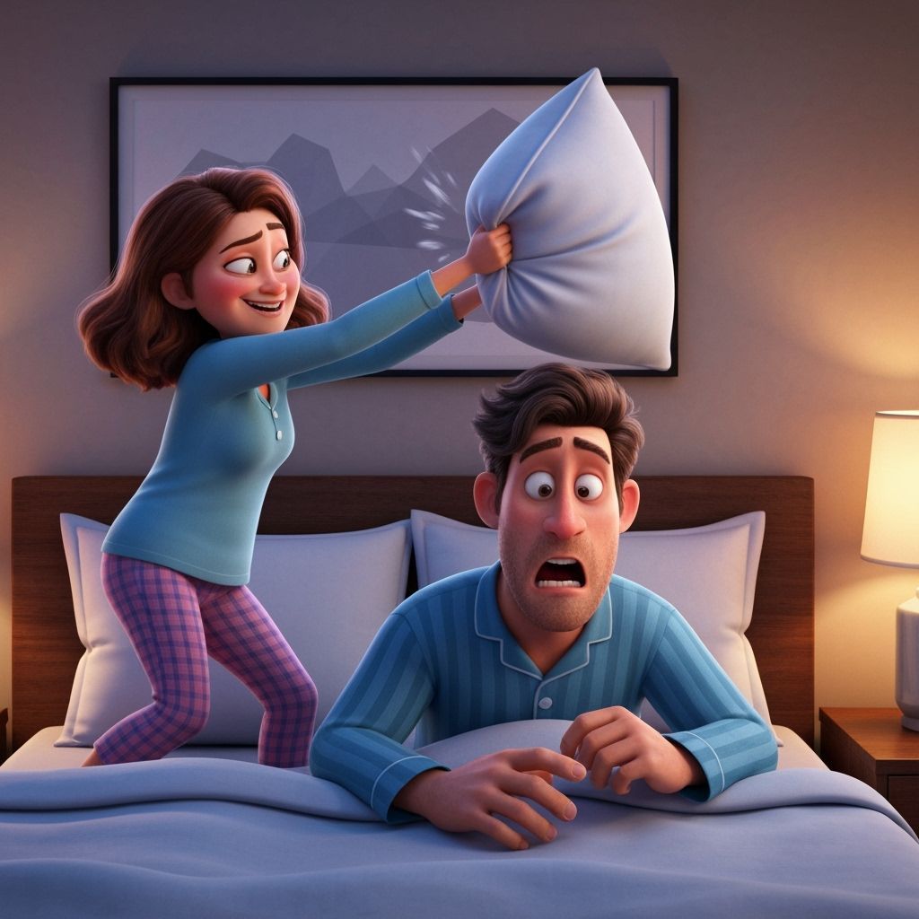 Playful Pillow Fight in Bed - Animated Style