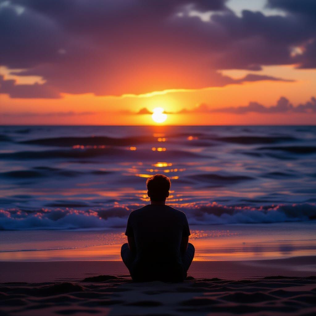 Man Silhouetted on Beach at Fiery Sunset