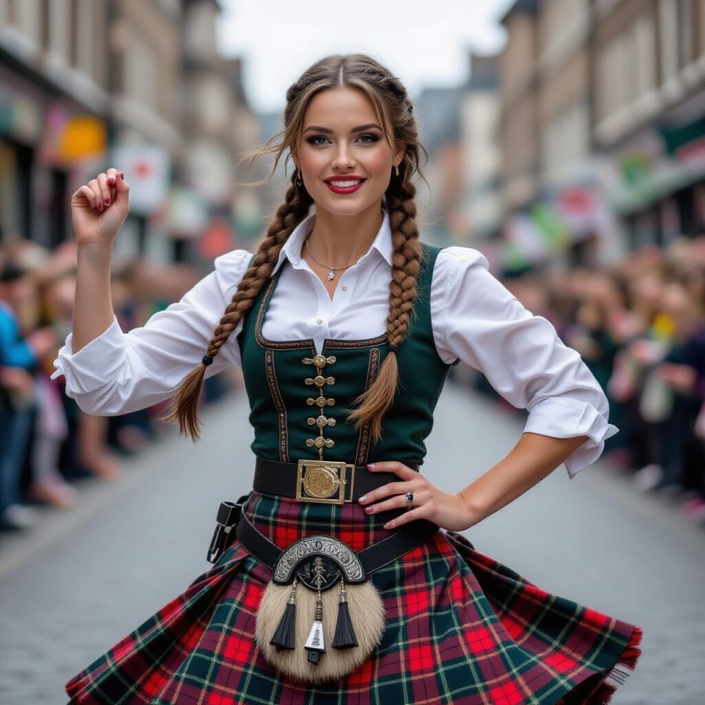 Energetic Woman Dancing in Kilt, Leibovitz Style