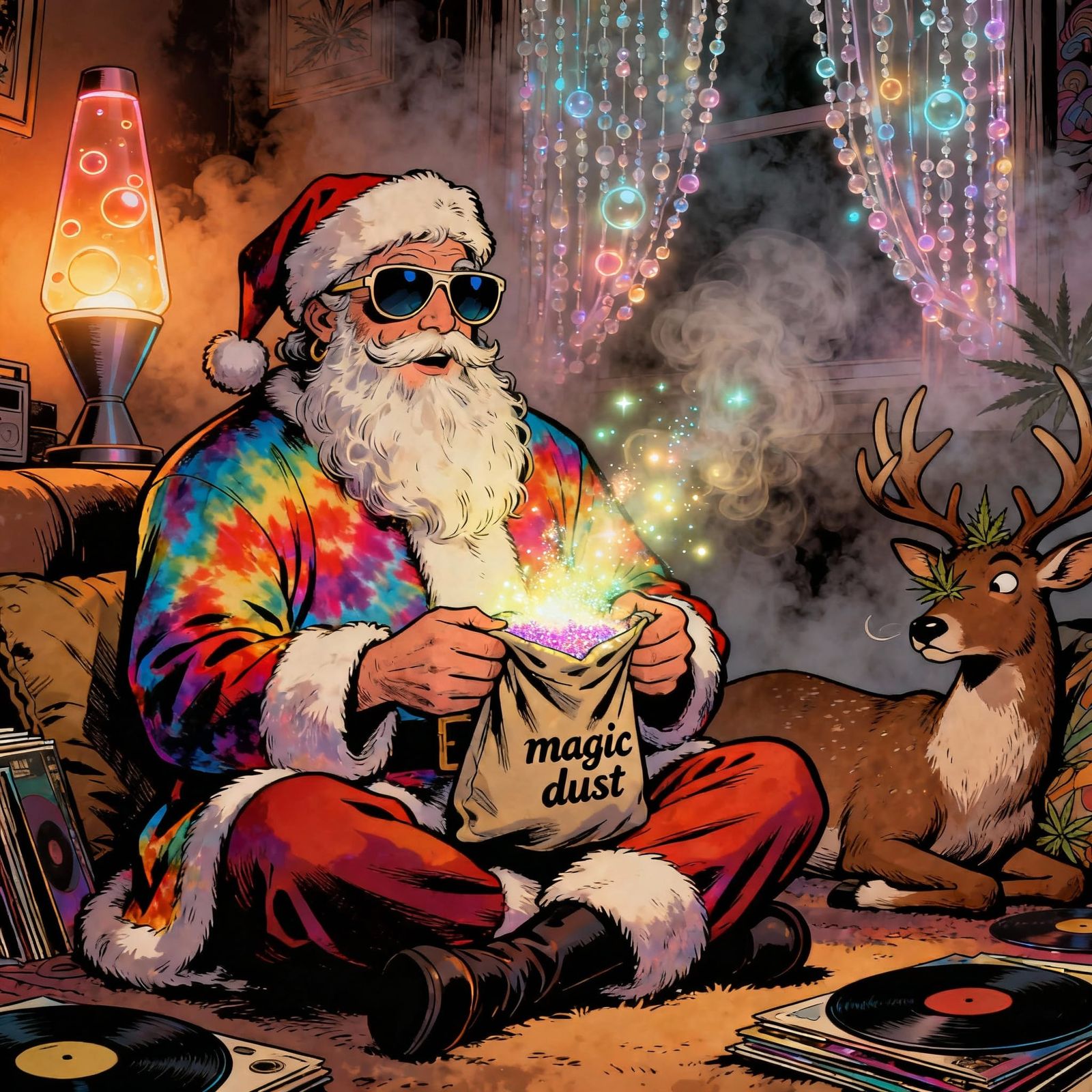 Psychedelic 1970s Santa in Smoky Living Room