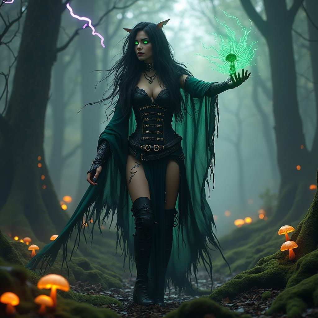 Punk Elven Sorceress in Mystical Forest, Art Nouveau