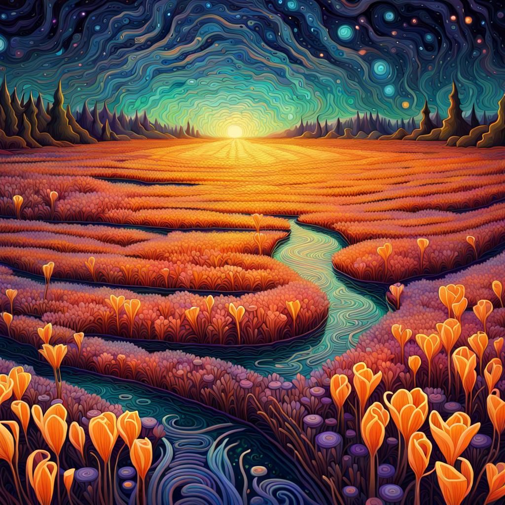 Bioluminescent Crocus Field Inspired by Geometric Futurism