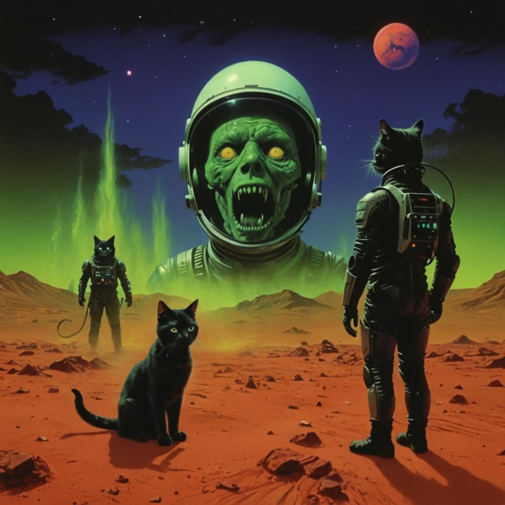 Surreal Cat People on Mars in Vaporwave Style