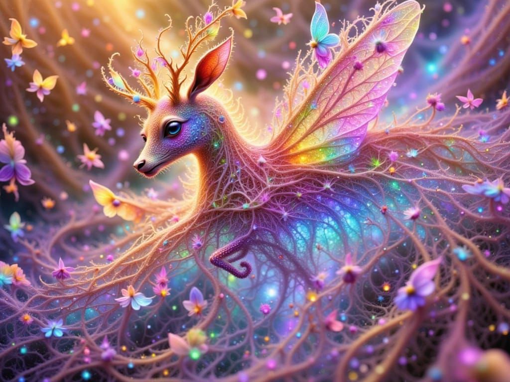 Majestic Reindeer Amidst Luminescent Butterflies in Ethereal...