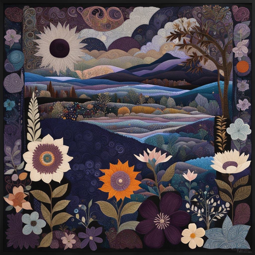 Whimsical Textile Art Landscape in Collage Style