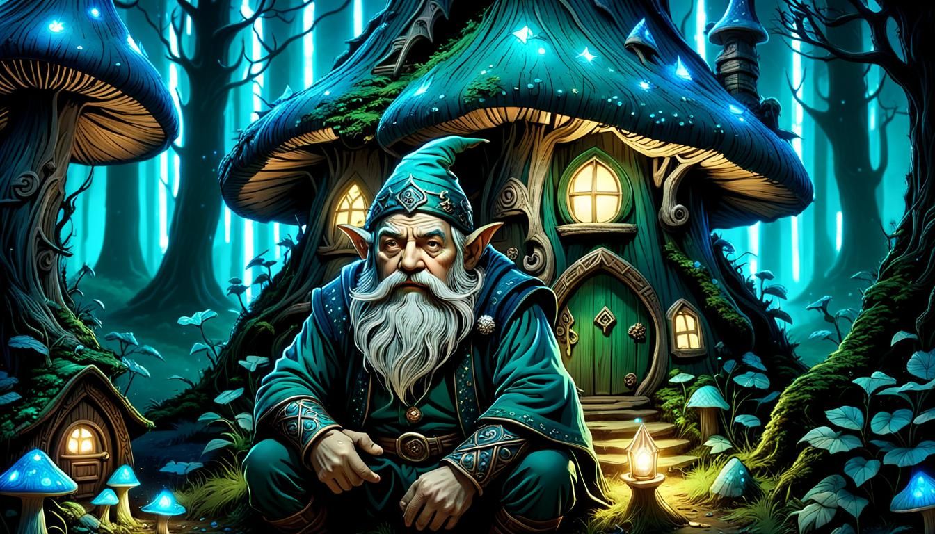 Charming Dwarf in Bioluminescent Mushroom House