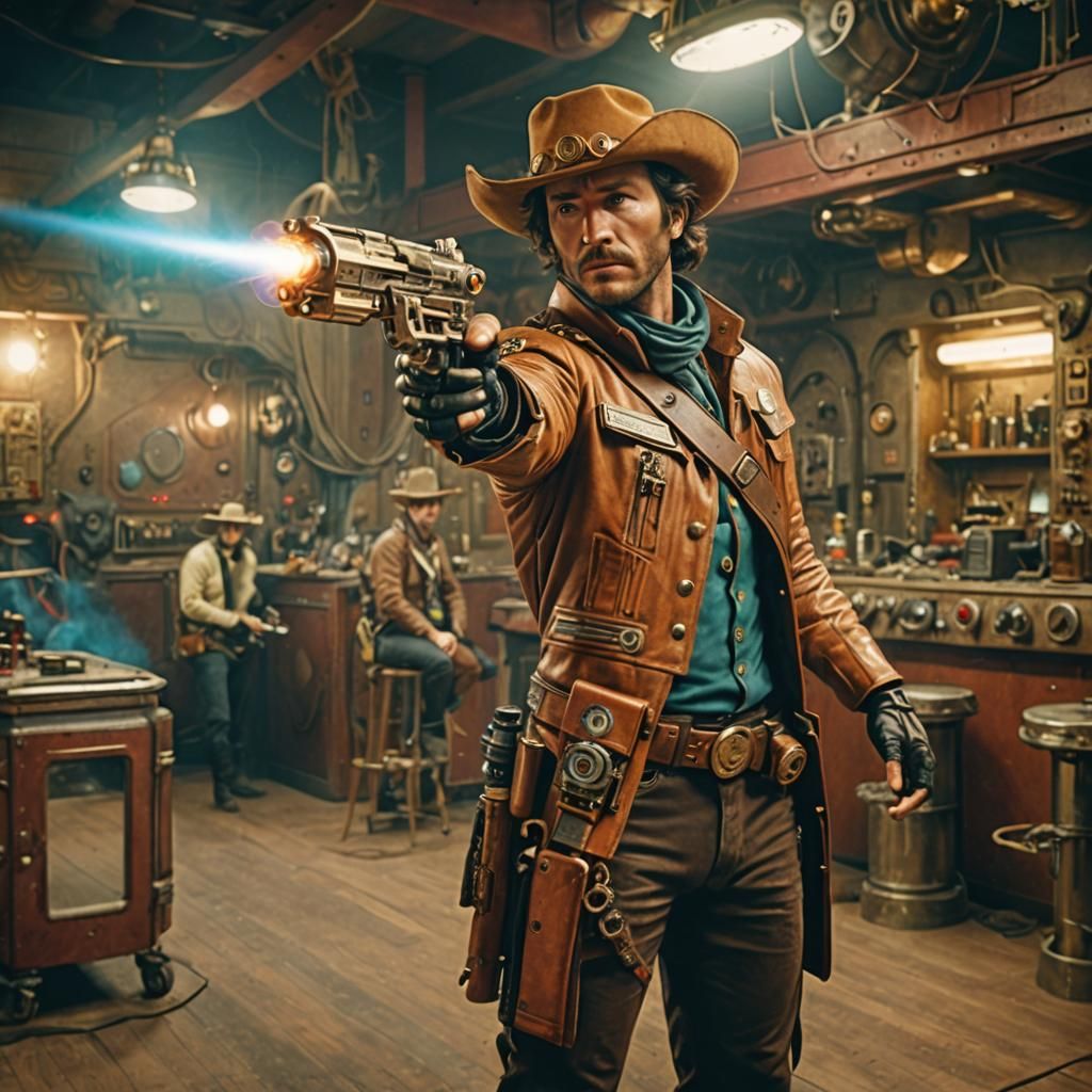 Steampunk Space Cowboy with Laser Gun, Hyperrealistic