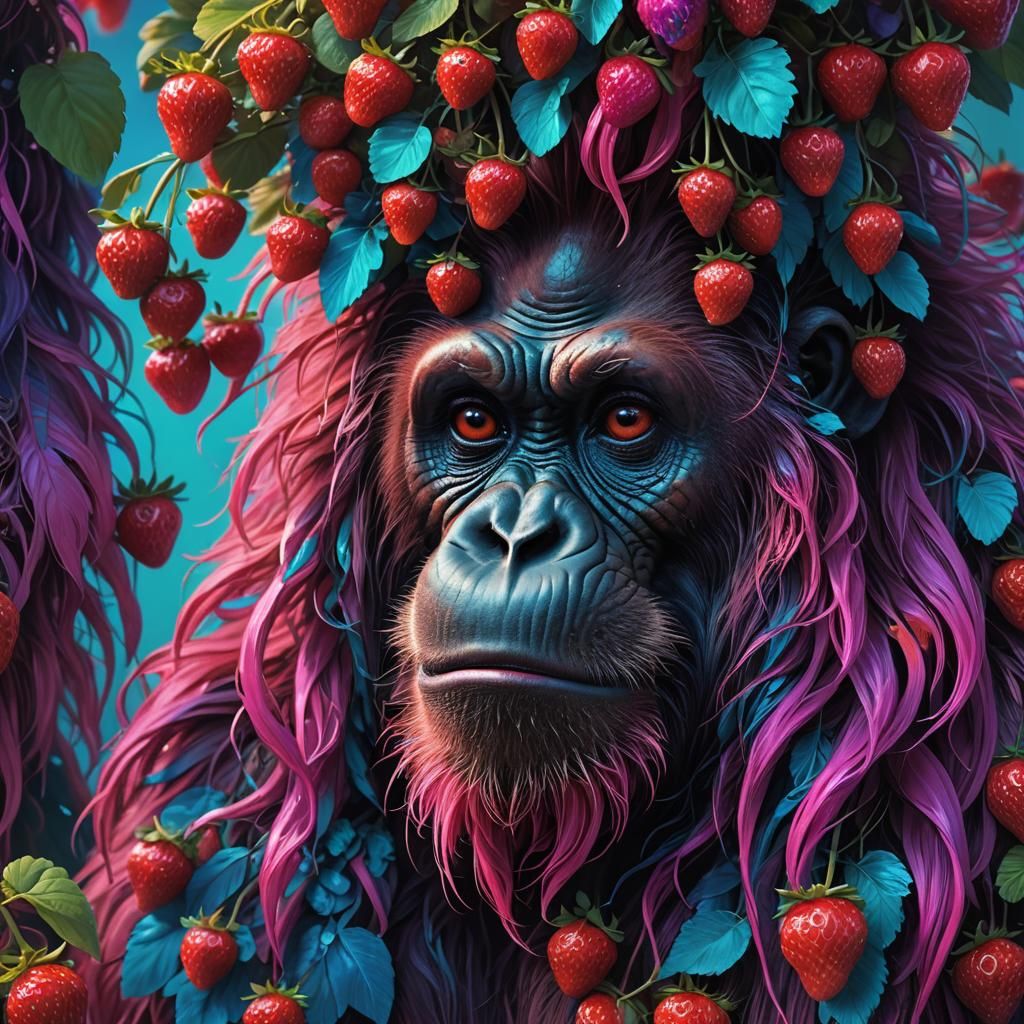 Surreal Orangutan with Strawberry Earrings: Neon Art
