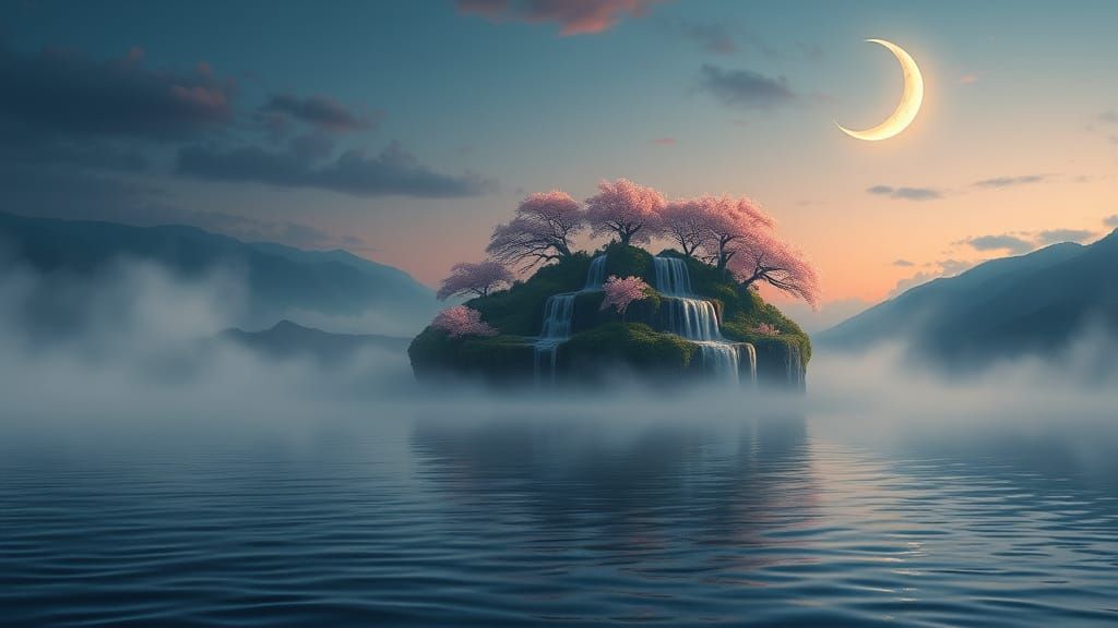 Floating Island in Whimsical Twilight Lake Scene
