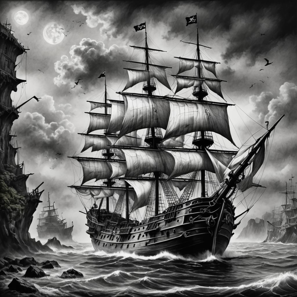 Pirate Ship in Black and White Charcoal Style