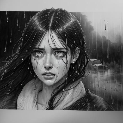 Sad Girl Cries in Rain: Cross-Hatching Drawing