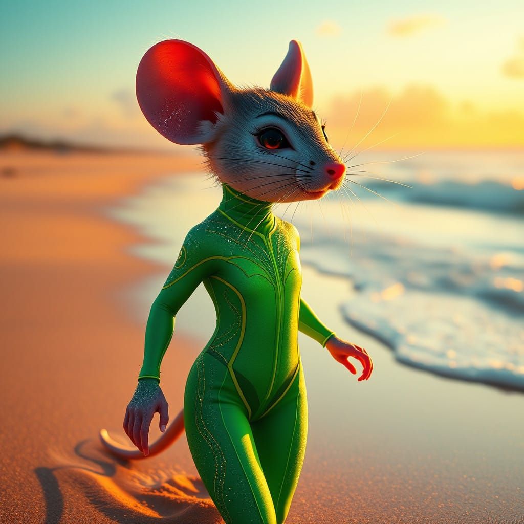 Glowing Surfer Mouse in Art Nouveau Style Beach Portrait
