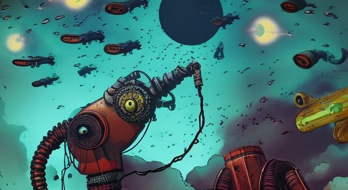 Undersea Robot Battle in Dieselpunk Comic Style