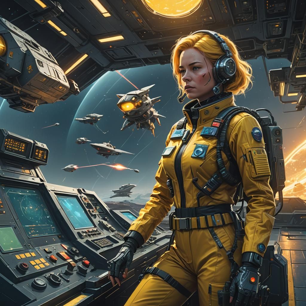 Sci-Fi Space Pilot at Interstellar Ship Controls