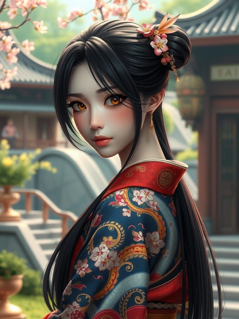 Asian Goddess in Vibrant Kimono, Cherry Blossoms, and Tradit...