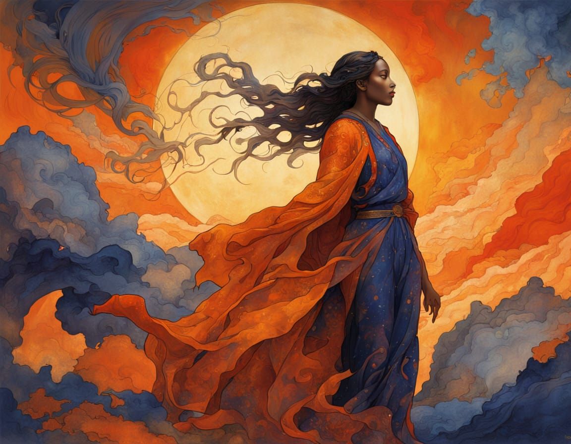 Cosmic Warrior in Burnt Orange and Indigo Robes