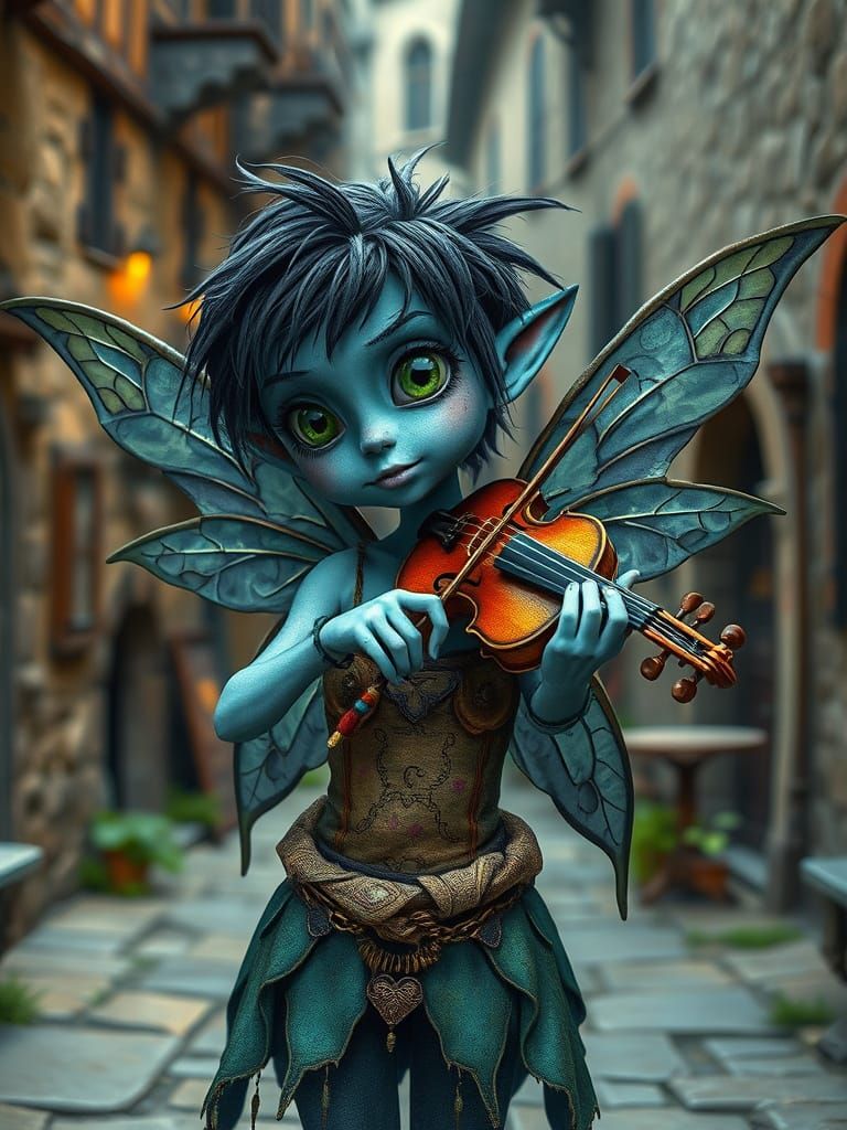 Whimsical Blue Fairy in Mystical Medieval Town