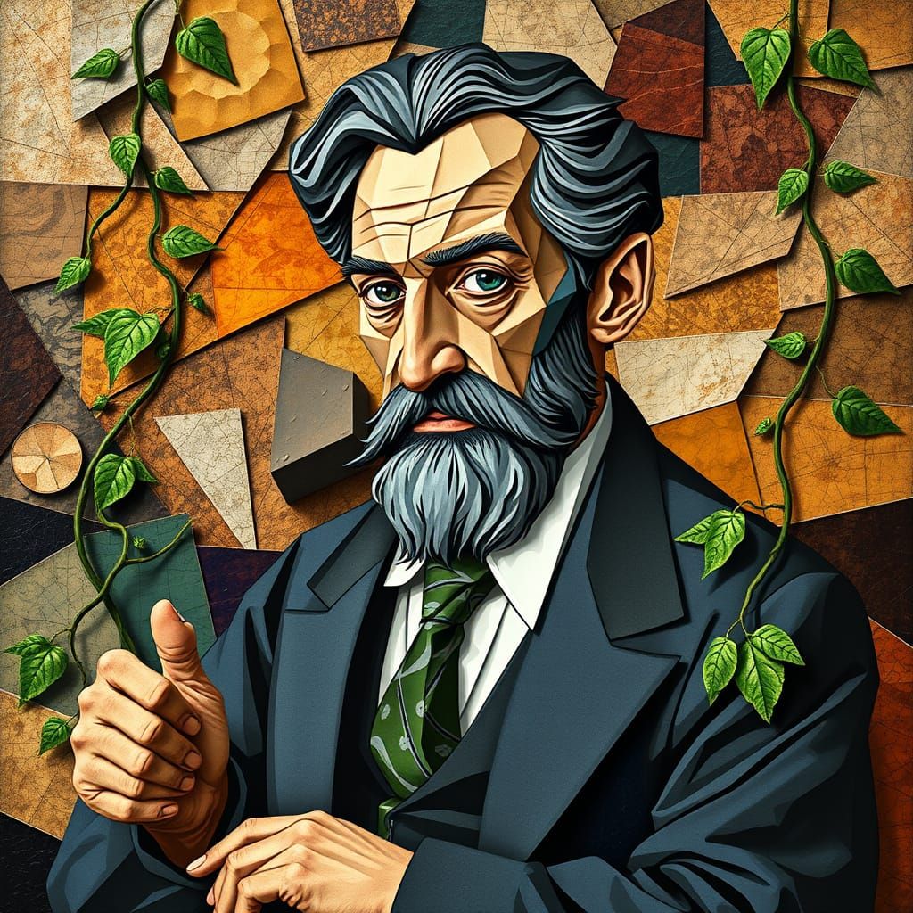 Picasso. A cubist biology and geometry professor made up of many tiny little abstract shapes. Liana vines lace through t...